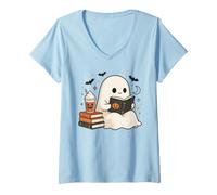 Donna Simpatico Libro di Lettura sui Fantasmi Pumpkin Spice Fall Maglietta con Collo a V