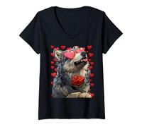 Donna Simpatico Lupo con Cuore Occhiali Rosa San Valentino Animale Maglietta con Collo a V