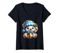 Donna Simpatico Orso Natalizio Ornato in Plaid Blu Maglietta con Collo a V