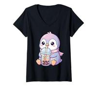 Donna Simpatico Pinguino Che beve Il tè Boba Design Kawaii per Maglietta con Collo a V