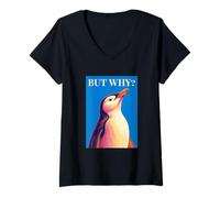 Donna Simpatico Pinguino con ma perché Domanda Divertente retrò Pop Art Maglietta con Collo a V