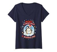 Donna Simpatico Pinguino Natalizio Kawaii Merry Christmas e Waddle On Maglietta con Collo a V