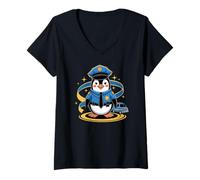 Donna Simpatico pinguino poliziotto, auto della squadra divertente e design con stelle Maglietta con Collo a V