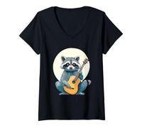 Donna Simpatico Procione Divertente Che Suona la Chitarra Rock N Roll Rocker Maglietta con Collo a V