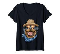 Donna Simpatico Rottweiler con Occhiali da Sole e Cappello di Paglia per L'Estate Maglietta con Collo a V