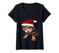 Donna Simpatico Rottweiler di Natale con Cappello di Babbo Natale Rosso Maglietta con Collo a V