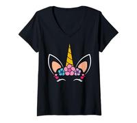 Donna Simpatico Unicorno con Cuori e Fiori Colorati Maglietta con Collo a V