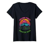 Donna Simpatico unicorno Monster Truck Unicorn Power Roar Girls Birthday Maglietta con Collo a V