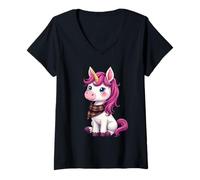 Donna Simpatico unicorno rosa che indossa un fazzoletto scozzese scozzese Maglietta con Collo a V