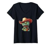 Donna Simpatico volto camaleonte con cappello da cowboy per gli amanti del ranch Maglietta con Collo a V