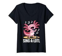Donna Sing-alotl Divertente Axolotl Che Canta i Fan del Karaoke Maglietta con Collo a V