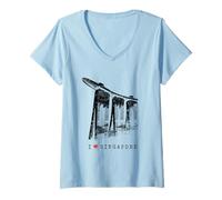 Donna Singapore Marina Bay Skyline Vintage Asia I Love Singapore Maglietta con Collo a V