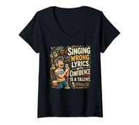 Donna Singing Wrong Lyrics with Confidence Karaoke Party Singer Maglietta con Collo a V