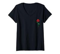 Donna Singola Rosa Rossa Tasca Fiore Romantico Love Pocket Maglietta con Collo a V