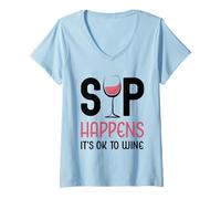 Donna Sip Happens It's Ok To Wine - Bevitore di Bicchieri da Vino Rosa Maglietta con Collo a V