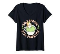 Donna Sip Happens Resta Pawsitive Cute Cat Matcha Pun Maglietta con Collo a V