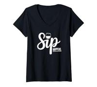 Donna Sip Happens - Vino Divertente Maglietta con Collo a V