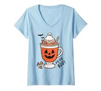 Donna Sip Sip Boo Ghost Hot Cocoa Halloween Zucca Tazza Divertente Carino Maglietta con Collo a V