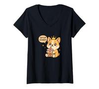 Donna Sip Sip Evviva Corgi Boba Kawaii Dog Maglietta con Collo a V