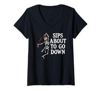 Donna Sips About to Go Down Wine Drinking Retirement Sip Happens Maglietta con Collo a V