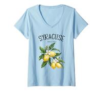Donna Siracusa Limone Arte Italiana Amante della Frutta Italia Sicilia Vintage Maglietta con Collo a V