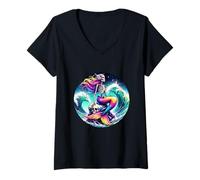 Donna Sirena Scheletro Onda Oceano Teschio Maglietta con Collo a V