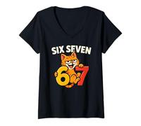 Donna Six Seven Cat 67 - Divertente Six Seven Cat Meme Maglietta con Collo a V