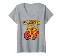 Donna Six Seven Cat 67 - Divertente Six Seven Cat Meme Maglietta con Collo a V
