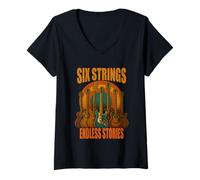 Donna Six Strings Endless Stories Maglietta Chitarra Musica Maglietta con Collo a V