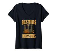 Donna Six Strings Endless Stories Maglietta Chitarra Musica Maglietta con Collo a V
