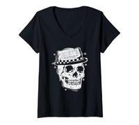 Donna Ska Testa con Cappello Jazz Music Style Maglietta con Collo a V