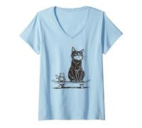Donna Skateboard Cat And Frog Strano Animali Skateboarding Maglietta con Collo a V