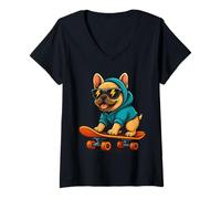 Donna Skateboard Cucciolo Vintage Art Divertente Cane Pattinatore Bulldog Maglietta con Collo a V