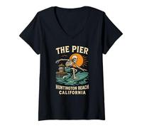 Donna Skateboard Huntington Beach The Pier Cool - Vita da Spiaggia per Uomini Maglietta con Collo a V