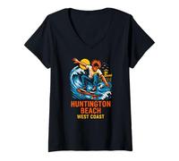 Donna Skateboard retrò da Uomo Huntington Beach Surf West Coast Maglietta con Collo a V