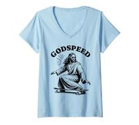 Donna Skater Jesus Godspeed Skateboarder, Divine Shredder Maglietta con Collo a V