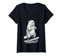 Donna Skater Skateboarder Beaver Funny Animal Skateboarding Maglietta con Collo a V
