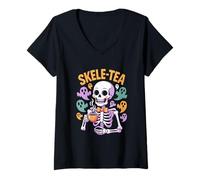 Donna Skele-Tea - Scheletro Fantasmi per Halloween Maglietta con Collo a V