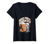 Donna Skele-ton of Pumpkin Spice Skeleton Maglietta con Collo a V