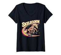 Donna Skelecorn Unicorno Retro Dance Halloween Fun Maglietta con Collo a V