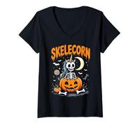 Donna Skelecorn Unicorno Retro Dance Halloween Fun Maglietta con Collo a V