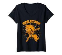 Donna Skelecorn Unicorno Retro Dance Halloween Fun Maglietta con Collo a V