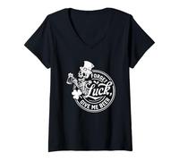 Donna Skeleton Art «Forget Luck Give Me Beer» Maglietta con Collo a V