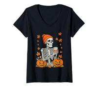 Donna Skeleton Coffee Fall Vibes Zucca Halloween Autunno Lover Maglietta con Collo a V