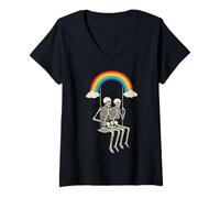 Donna Skeleton Couple on Swing Under Rainbow LMBTQ Halloween Maglietta con Collo a V