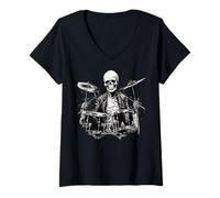 Donna Skeleton Drummer Guy Rock And Roll Band Rock On Drum Kit Maglietta con Collo a V