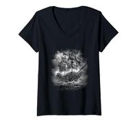 Donna Skeleton Galleon Rise Ghost Ship - Grey Scale - Pirate Ship Maglietta con Collo a V