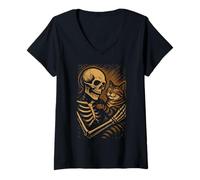 Donna Skeleton Hugging Cat Cute Halloween Graphic Maglietta con Collo a V