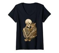 Donna Skeleton Hugging Cat Cute Halloween Graphic Maglietta con Collo a V