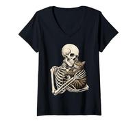 Donna Skeleton Hugging Cat Cute Halloween Graphic Maglietta con Collo a V
